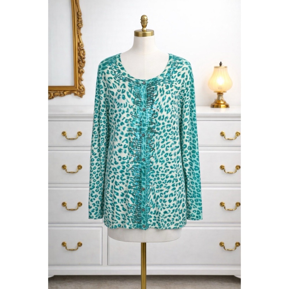 Quacker Factory Cardigan Sweater Turquoise Sequin Trim Leopard Print Knit Size L